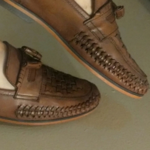 ASOS WALK LONDON Cognac Woven Leather Saddle Loafers Ft Apron Tops & Tasselling - Picture 8 of 15